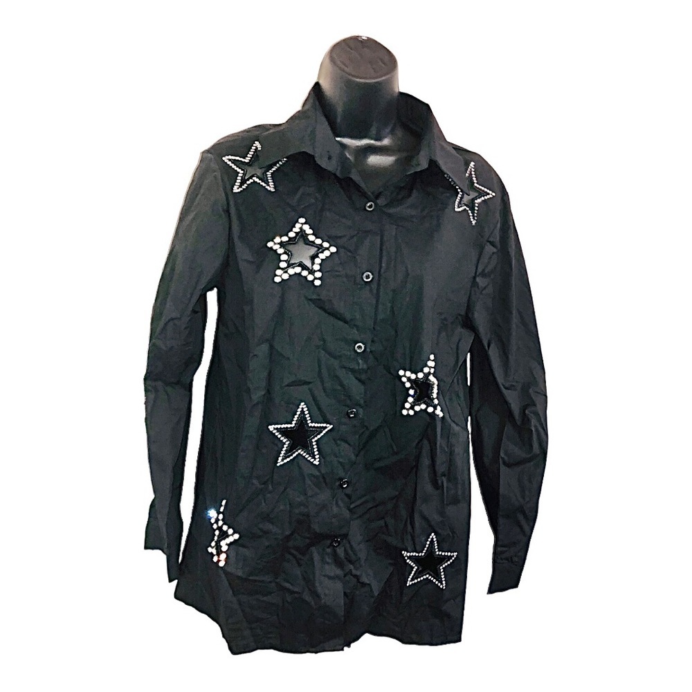 Black rhinestone crystal heart shape cutout button down long sleeve shirt size S